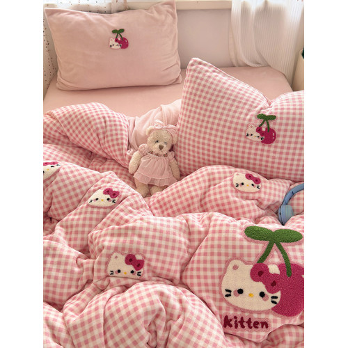 ins粉色KT貓毛巾綉牛奶絨四件套雙面絨珊瑚絨被套宿捨床單三件套