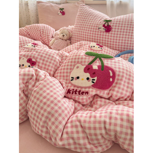 ins粉色KT貓毛巾綉牛奶絨四件套雙面絨珊瑚絨被套宿捨床單三件套