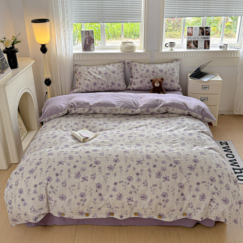 原麻風格復古印花紐釦款四件套四季通用簡約素雅床品套件2026新款