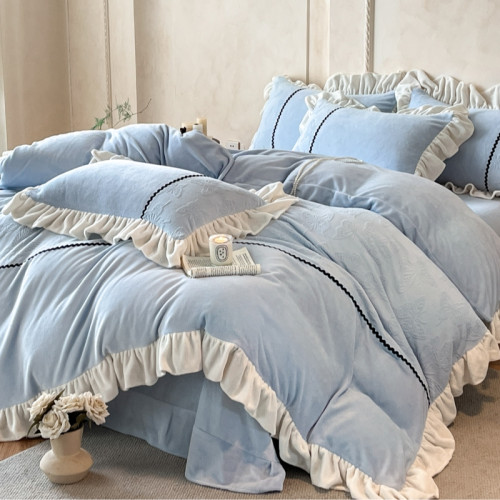 款冬季公主風牛奶絨床上四件套加絨加厚珊瑚絨保暖床單被套冬