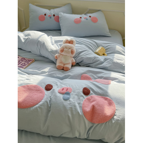 純棉水洗棉毛巾綉四件套全棉可愛小豬被套床單全包圍床包罩兒童房