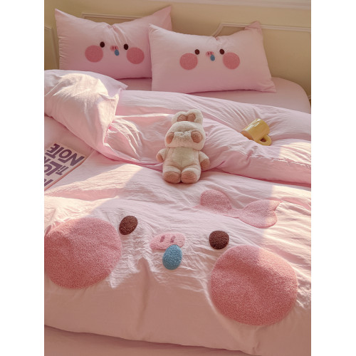 純棉水洗棉毛巾綉四件套全棉可愛小豬被套床單全包圍床包罩兒童房