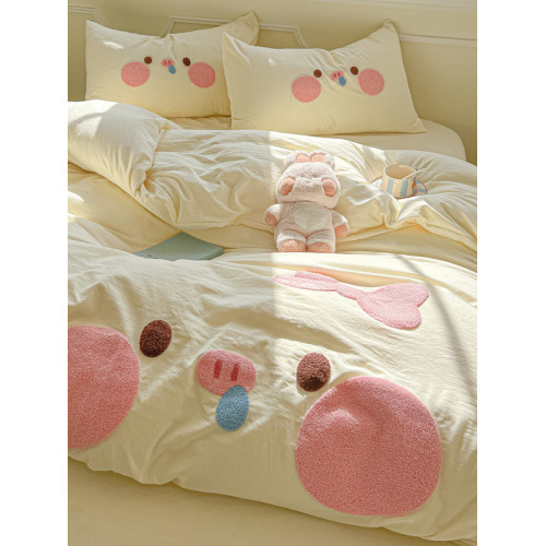 純棉水洗棉毛巾綉四件套全棉可愛小豬被套床單全包圍床包罩兒童房