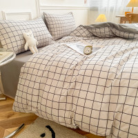 日式紐釦款水洗棉四件套夏裸睡簡約民宿條紋格子被套床單床上用品
