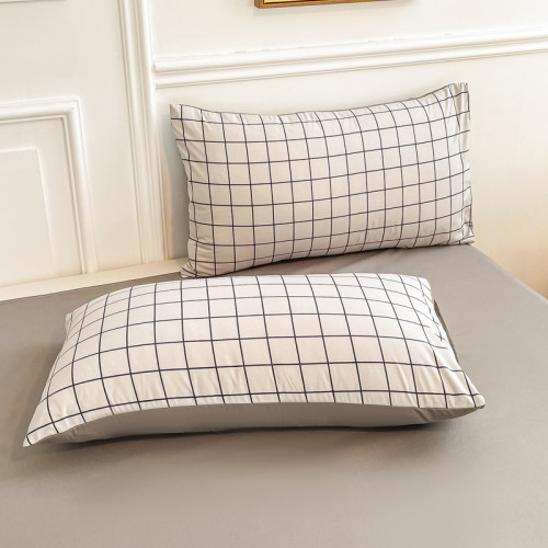 日式紐釦款水洗棉四件套夏裸睡簡約民宿條紋格子被套床單床上用品