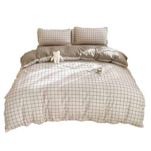 日式紐釦款水洗棉四件套夏裸睡簡約民宿條紋格子被套床單床上用品