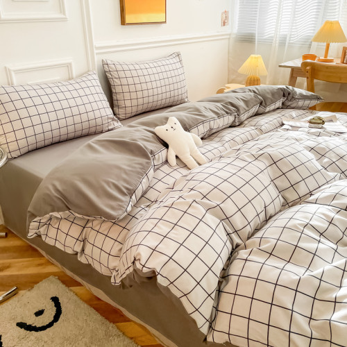 日式紐釦款水洗棉四件套夏裸睡簡約民宿條紋格子被套床單床上用品