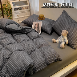 簡約水洗棉四件套純色格子條紋四季被套學生宿捨床單人床包三件套