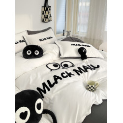 純色可愛水洗棉小黑怪黑煤球綉花四件套床單被套床包款宿捨三件套