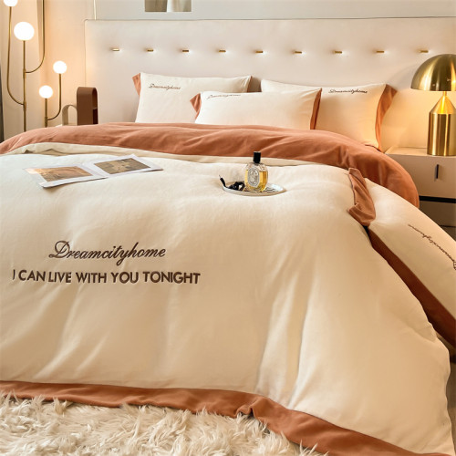 2024新款雙拼牛奶絨四件套刺綉雙面加絨保暖床罩被罩加厚親膚裸睡