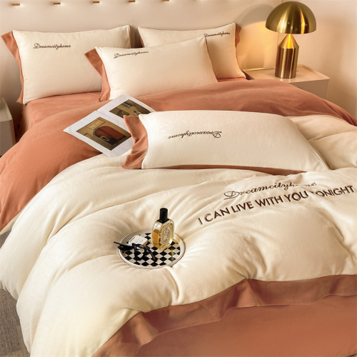 2024新款雙拼牛奶絨四件套刺綉雙面加絨保暖床罩被罩加厚親膚裸睡