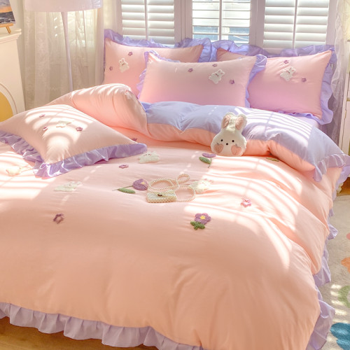 清新可愛床上四件套少女裸睡全棉被套花邊韓版學生宿捨四季公主風 清新可愛床上四件套少女裸睡全棉被套花邊韓版學生宿捨四季公主風