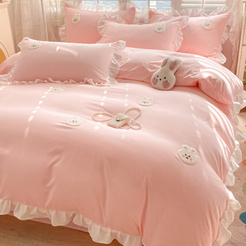 清新可愛床上四件套少女裸睡全棉被套花邊韓版學生宿捨四季公主風 清新可愛床上四件套少女裸睡全棉被套花邊韓版學生宿捨四季公主風