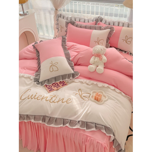 花邊公主風磨毛四件套蝶之戀少女心床裙床上用品拼接色裸睡三件套