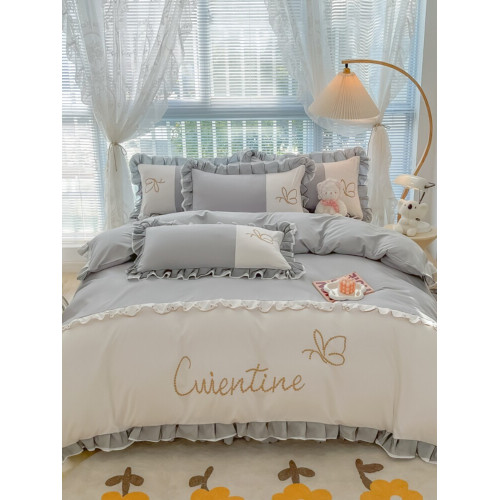 花邊公主風磨毛四件套蝶之戀少女心床裙床上用品拼接色裸睡三件套