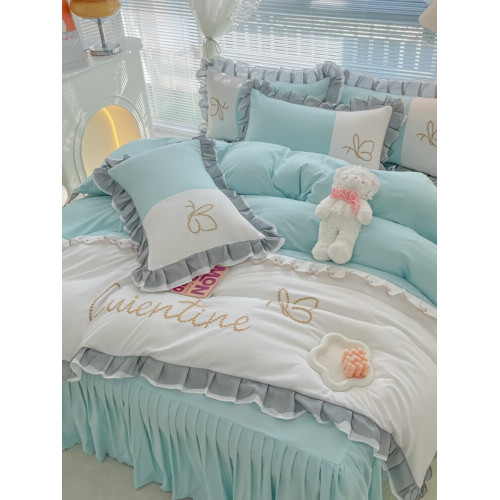 花邊公主風磨毛四件套蝶之戀少女心床裙床上用品拼接色裸睡三件套