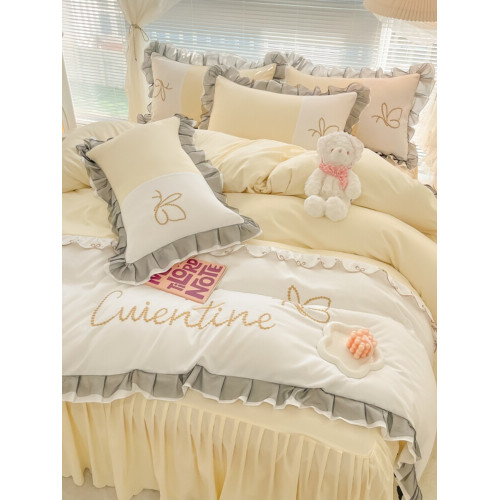 花邊公主風磨毛四件套蝶之戀少女心床裙床上用品拼接色裸睡三件套