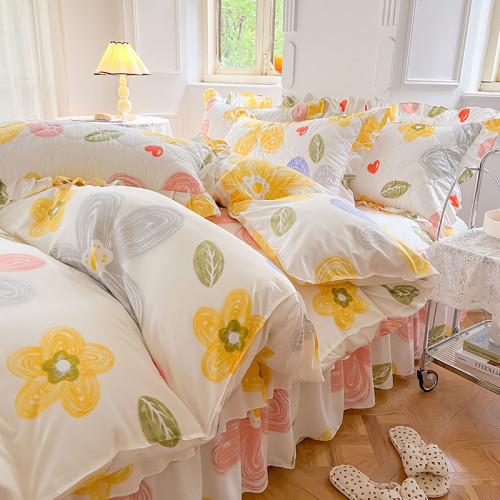 新款秋冬季夾棉床裙式床上四件套加厚保暖被套床單罩防滑遮醜下擺