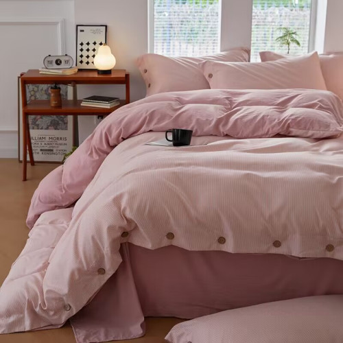 簡約風條紋水洗棉四件套全棉超柔床單純棉被套日式民宿款床上用品