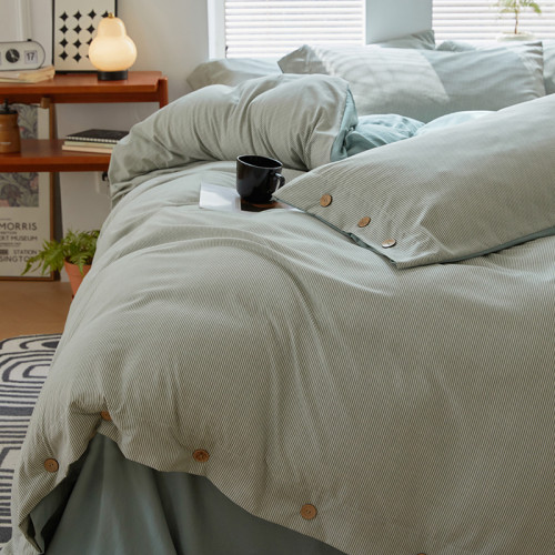 簡約風條紋水洗棉四件套全棉超柔床單純棉被套日式民宿款床上用品