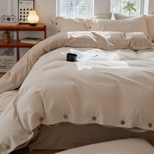 簡約風條紋水洗棉四件套全棉超柔床單純棉被套日式民宿款床上用品