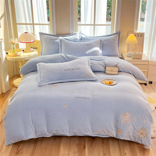 2024新款高級牛奶絨四件套刺綉珊瑚絨加厚保暖裸睡雙面絨被罩床包