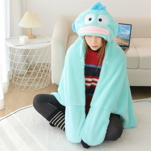 醜魚披肩毯子加厚保暖毛毯冬季學生午休毯鬥篷午睡毯懶人連帽披風
