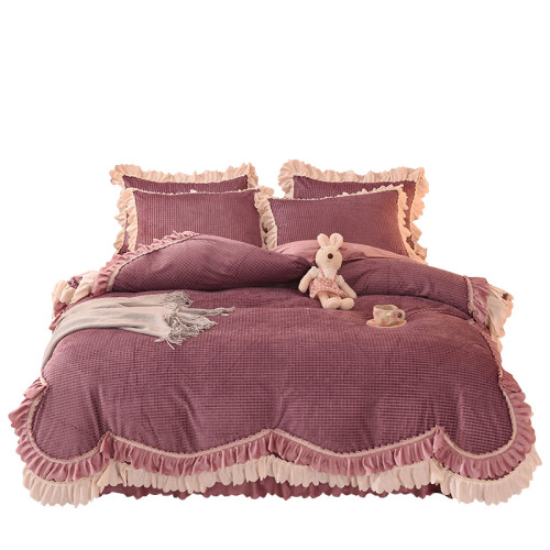 出口澳洲公主加厚牛奶絨床裙四件套雙面絨被套保暖珊瑚絨床上冬季