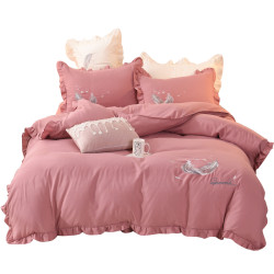 韓版網紅款床裙四件套全棉純棉公主風純色少女心刺綉被套床罩被單