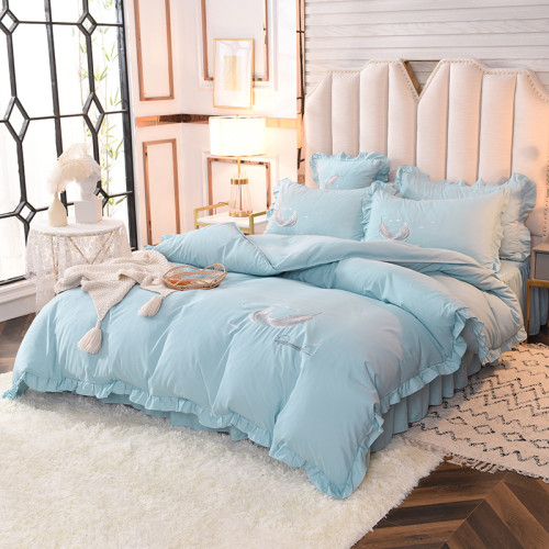 韓版網紅款床裙四件套全棉純棉公主風純色少女心刺綉被套床罩被單