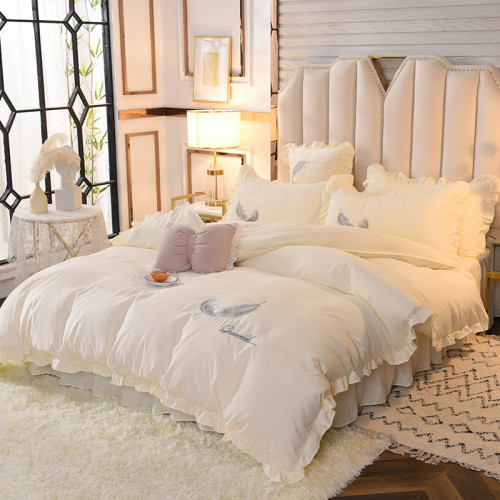 韓版網紅款床裙四件套全棉純棉公主風純色少女心刺綉被套床罩被單