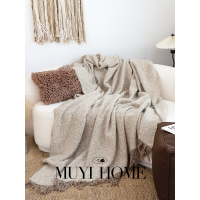 侘寂風棕咖肌理拉絨流蘇毯客廳沙發毯民宿高級毛毯午睡毯子裝飾