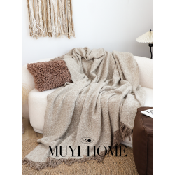 侘寂風棕咖肌理拉絨流蘇毯客廳沙發毯民宿高級毛毯午睡毯子裝飾