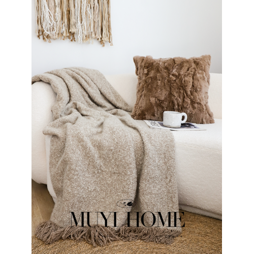 侘寂風棕咖肌理拉絨流蘇毯客廳沙發毯民宿高級毛毯午睡毯子裝飾