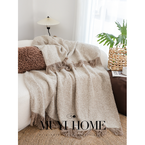 侘寂風棕咖肌理拉絨流蘇毯客廳沙發毯民宿高級毛毯午睡毯子裝飾