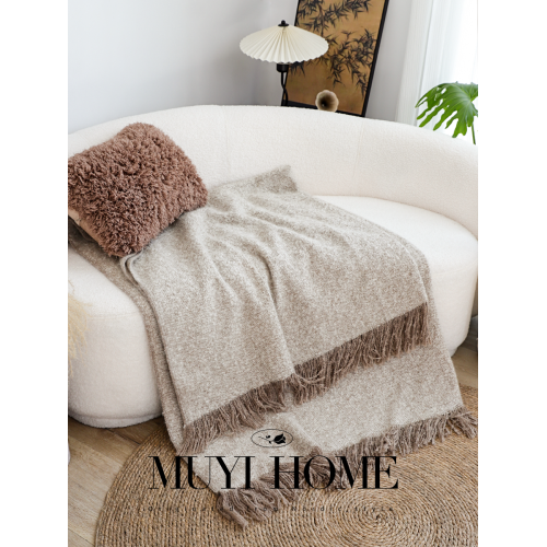 侘寂風棕咖肌理拉絨流蘇毯客廳沙發毯民宿高級毛毯午睡毯子裝飾