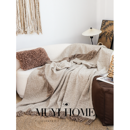 侘寂風棕咖肌理拉絨流蘇毯客廳沙發毯民宿高級毛毯午睡毯子裝飾