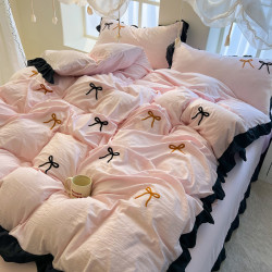 四季棉純色四件套純棉床單全棉花邊被套宿捨北歐風簡約居家布藝