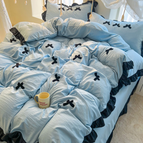 四季棉純色四件套純棉床單全棉花邊被套宿捨北歐風簡約居家布藝