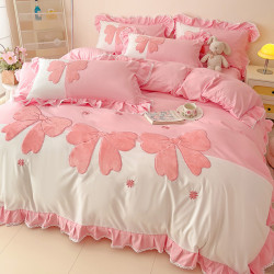 小紅書推薦全棉床上四件套公主風床裙式刺綉純棉裸睡花邊被套床單