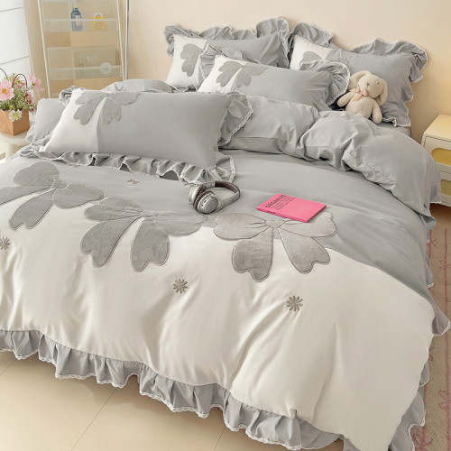 小紅書推薦全棉床上四件套公主風床裙式刺綉純棉裸睡花邊被套床單