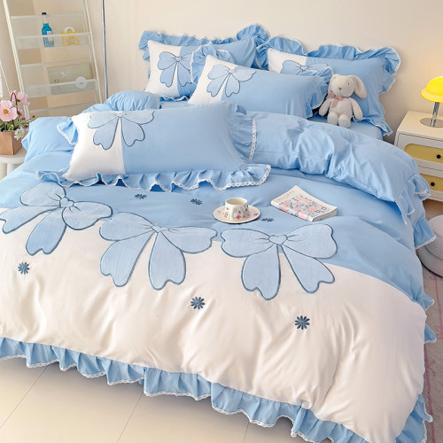 小紅書推薦全棉床上四件套公主風床裙式刺綉純棉裸睡花邊被套床單