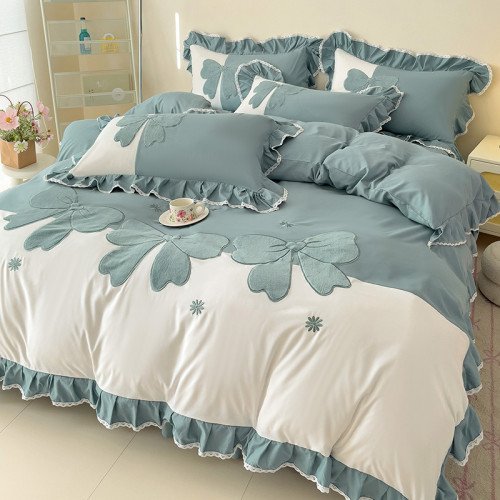 小紅書推薦全棉床上四件套公主風床裙式刺綉純棉裸睡花邊被套床單