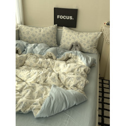 ins少女小清新藍色小碎花針織水洗棉四件套床上用品床單三件套1.8