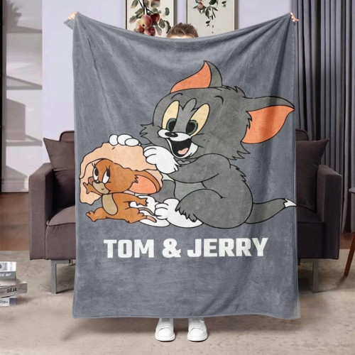 灰色貓和老鼠蓋毯可機洗專用午休毯午睡新款便宜時尚潮流個性蓋毯