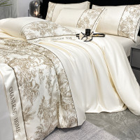 高級感冰絲四件套涼感水洗真絲非天絲被套床單絲滑裸睡床上三件套