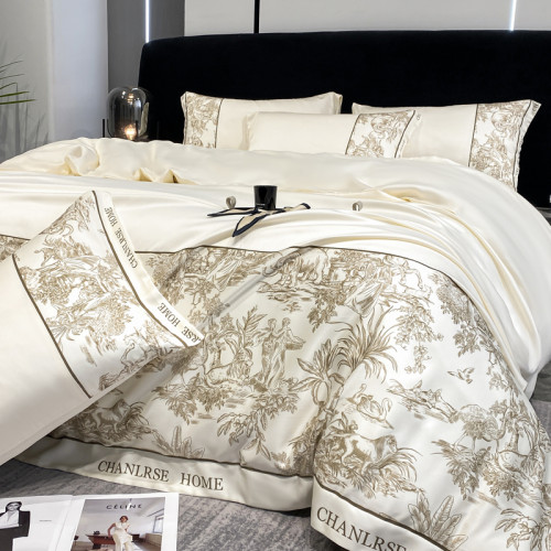 高級感冰絲四件套涼感水洗真絲非天絲被套床單絲滑裸睡床上三件套