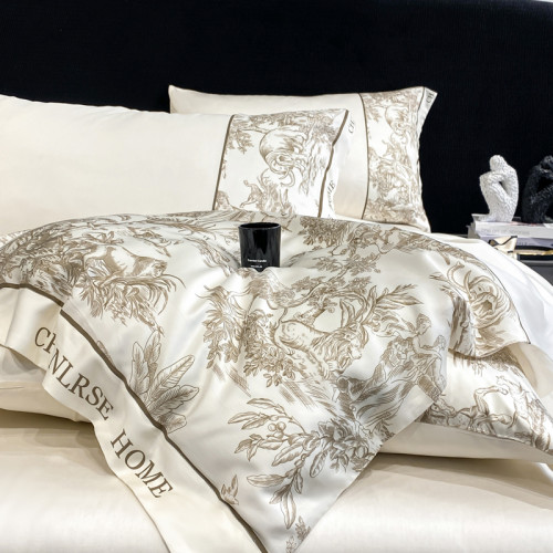 高級感冰絲四件套涼感水洗真絲非天絲被套床單絲滑裸睡床上三件套