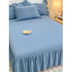 %100純色法式學生三件套四件套床裙款床單款親膚透氣遮醜花邊