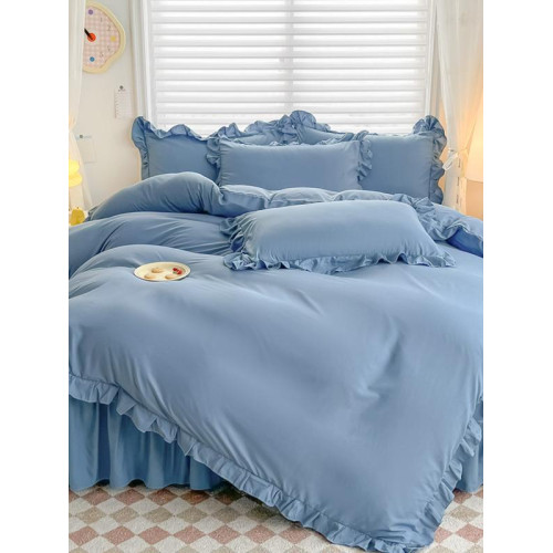 %100純色法式學生三件套四件套床裙款床單款親膚透氣遮醜花邊